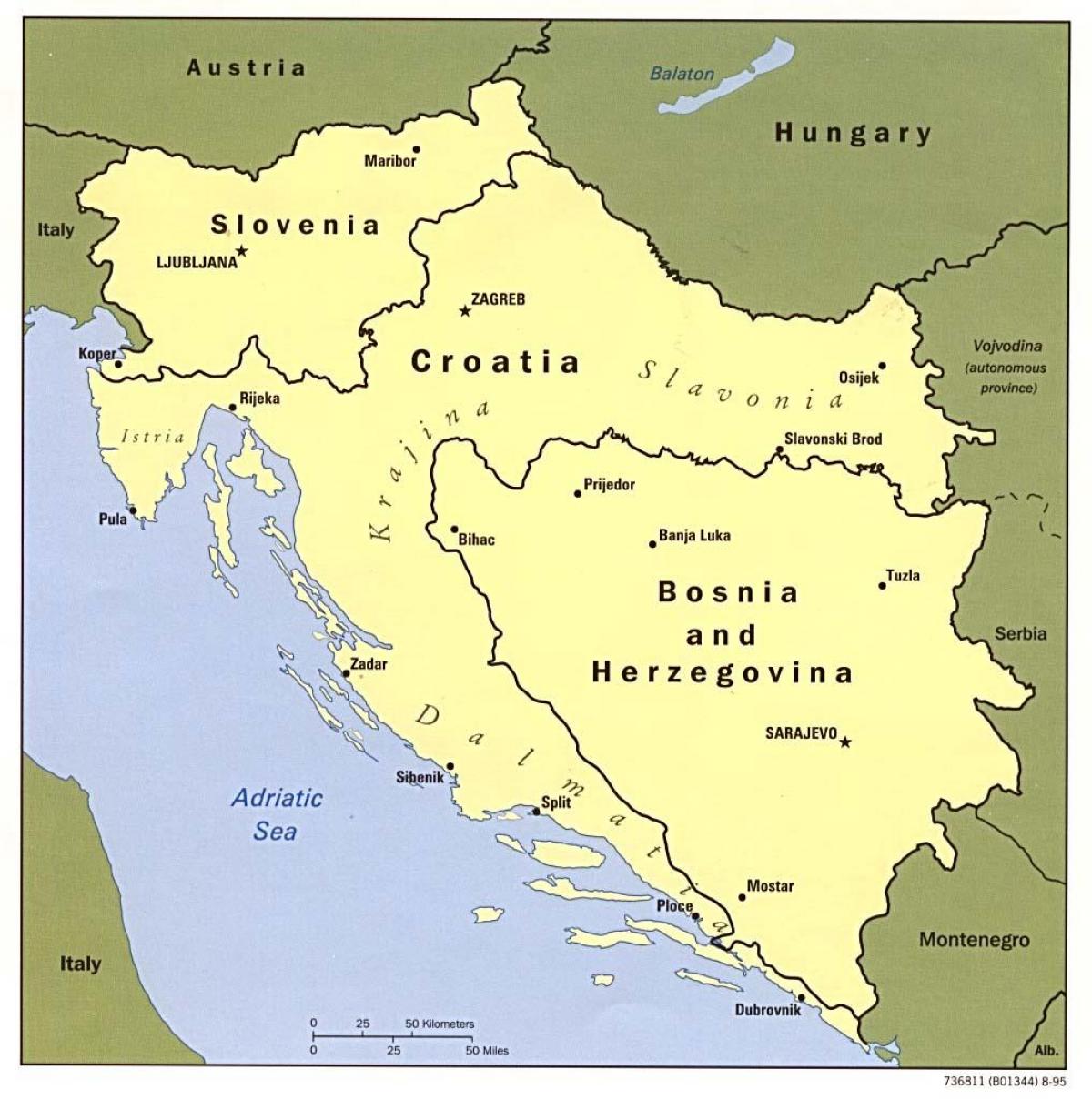 žemėlapis Bosnijos ir Hercegovinos ir aplinkinių šalių