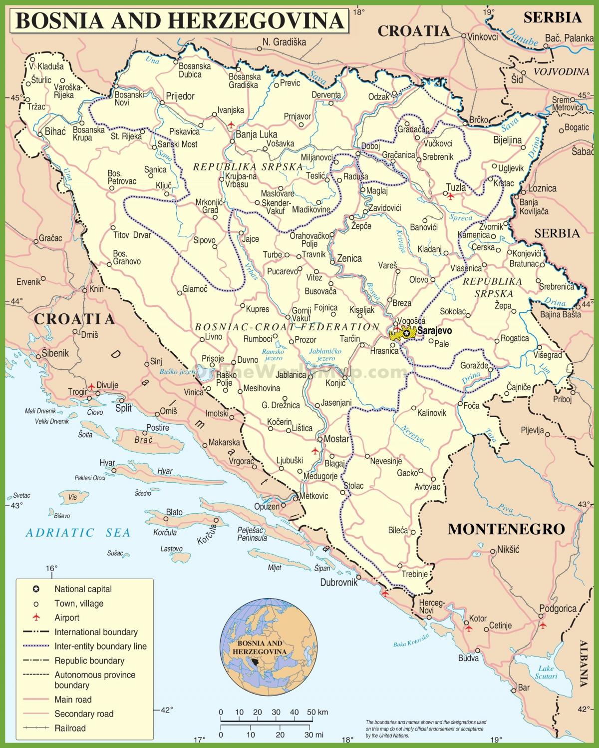 Žemėlapis Bosnijos kelių