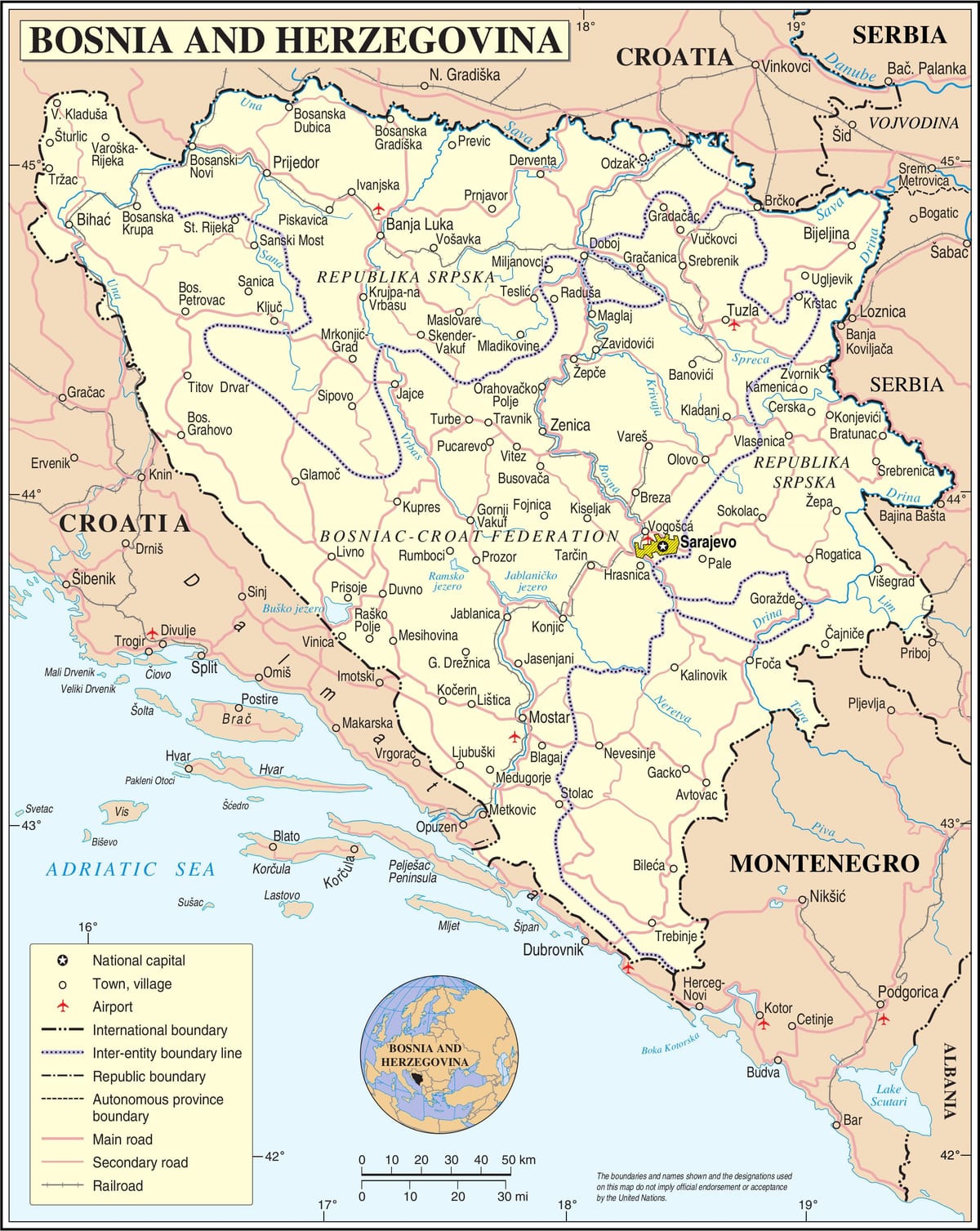 Žemėlapis Bosnijos turistų